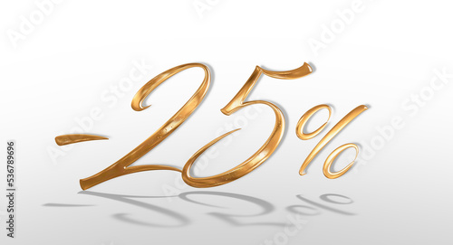 3d illustration Realistic golden text 25 percent discount number.