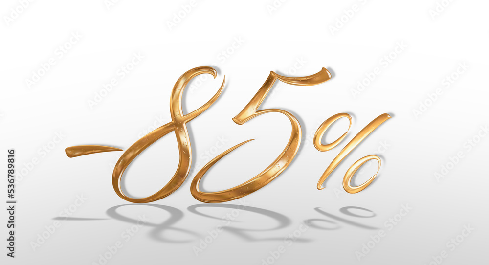 3d illustration Realistic golden text 85 percent discount number. 3d illustration Realistic golden text 85 percent discount number.