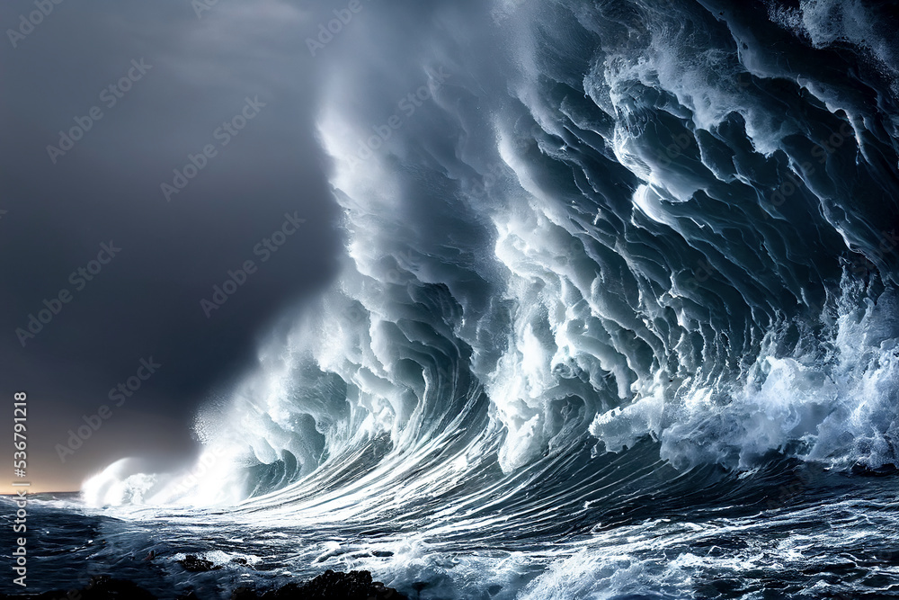 Giant tsunami waves, dark stormy sky. Perfect Storm. Huge waves Tsunami Big waves. - obrazy, fototapety, plakaty 