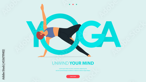 Woman does yoga pose or asana posture with YOGA word. Exercise, workout for yoga anywhere concept.
Landing page template of yoga center, studio or yoga online class in flat design .