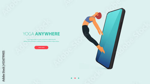 Woman does yoga pose or jump on phone. Exercise, workout for yoga anywhere concept.
Landing page template of yoga center, studio or yoga online class in flat design.