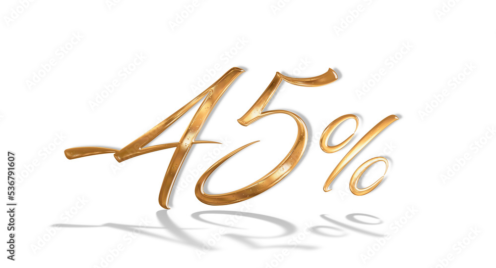 Obraz premium 3d illustration Realistic golden text 45 percent discount number png