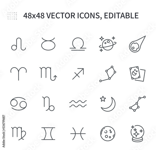Simple vector line icons. On the theme of the horoscope contains such icons as virgo, cancer, libra, taurus, aquarius, tarot cards, stars, divination ball and more.