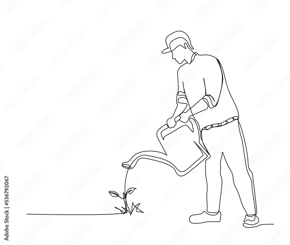 Continuous line art drawing of farmer watering the plants using watering can. Farming single line art drawing vector illustration. Continuous line art drawing of farmer watering the plants using watering can. Farming single line art drawing vector illustration.