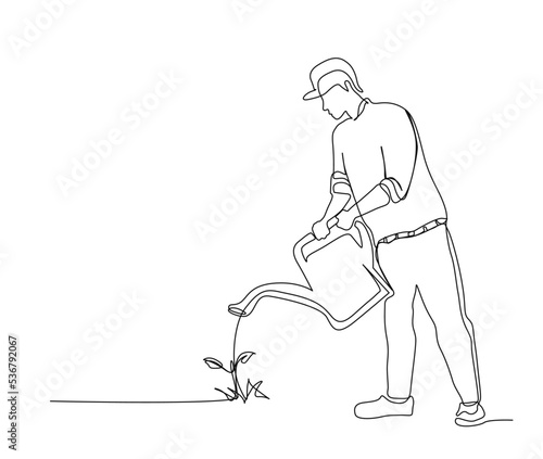 Continuous line art drawing of farmer watering the plants using watering can. Farming single line art drawing vector illustration.