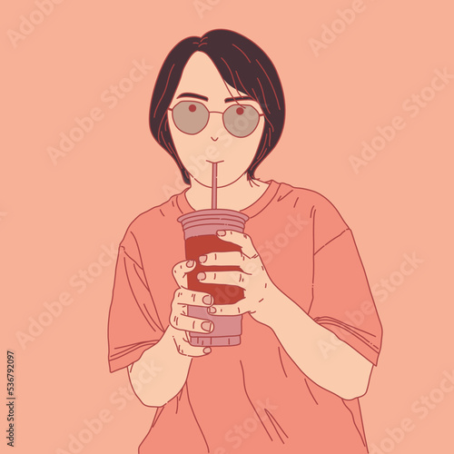 Young woman drinking bubble milk tea or pearl milk tea. Vector illustrations.