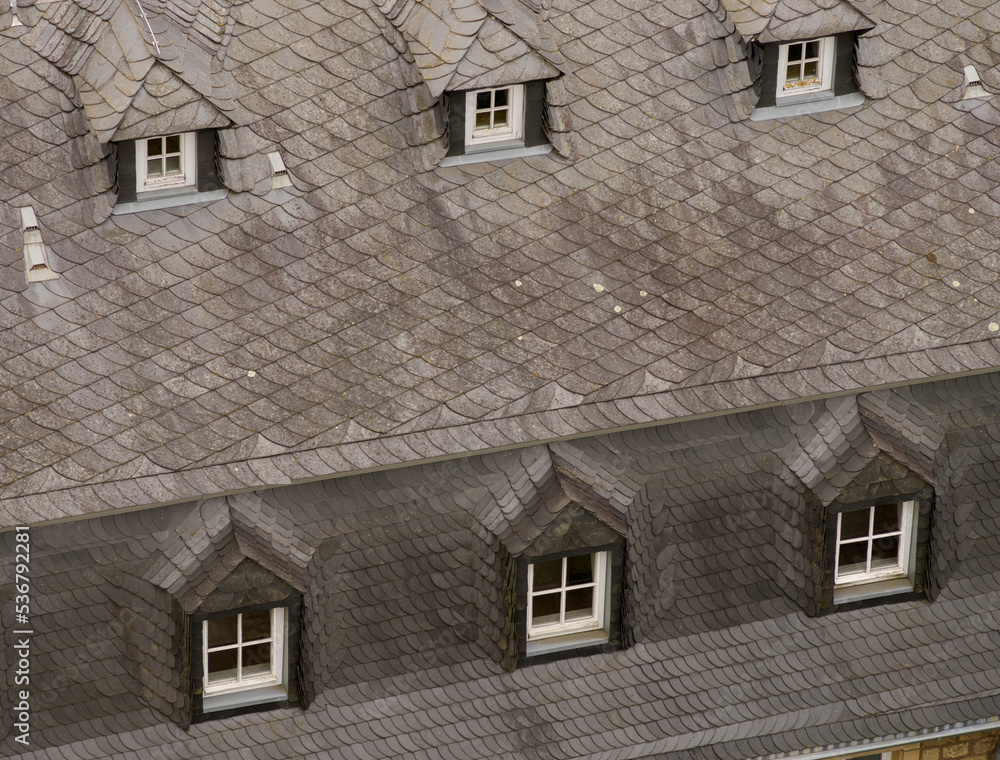 Modern slate roof with dormer windows from a bird's eye view