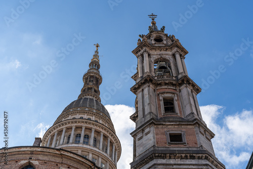 San Gaudenzio Dome and Bell Tower, symbol of Novara. Blue sky and clouds in background. Landscape view.