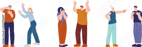 Couples swear, scream and humiliate. Aggressive and fear characters. Abusing and bullying, family quarrel. Vector flat man and woman negative emotions