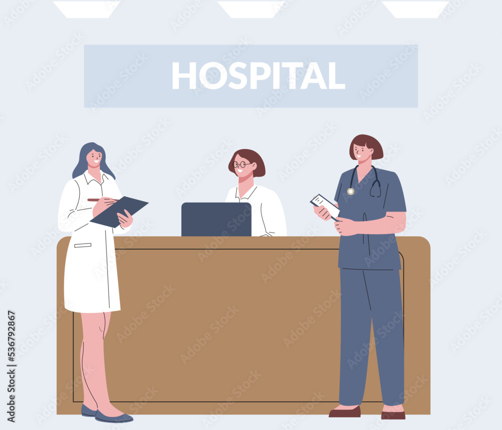 Medical team on reception. Hospital doctors and nurse. Cartoon healthcare workers, ambulance and clinic vector characters Medical team on reception. Hospital doctors and nurse. Cartoon healthcare workers, ambulance and clinic vector characters