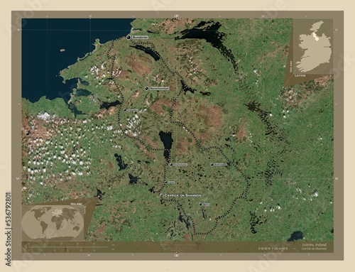 Leitrim, Ireland. High-res satellite. Labelled points of cities