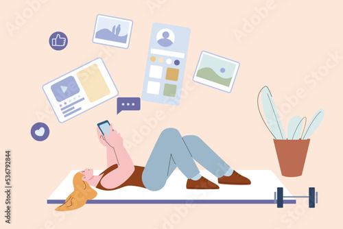 Lazy girl use smartphone. Surfing the Internet instead of exercising. Woman is distracted and procrastinating. Young female vector character phone chatting lying on rug