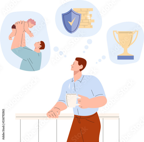 Man dream about family, baby, money and business success. Morning visualisation future process, flat cartoon male greaming with coffee, vector character