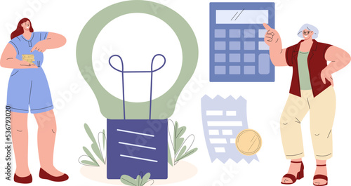 Save money with green energy. Alternative electricity, happy woman point to economy. Energetic concept, vector eco lamp bulb, coin calculator and bill