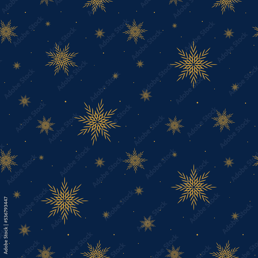 Gold snowflakes. Seamless pattern with snowflakes and stars on a blue background. Christmas Pattern for gifts. Flat vector illustration