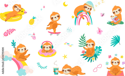Funny sloth characters swimming and sleep. Cute cartoon sloths, wild exotic animal relax and reading. Jungle animals for kids and baby, nowaday vector characters © MicroOne