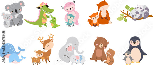 Cute mother and baby animals together. Mommy elephants, koala and bear. Funny cubs hug mothers, cartoon wild animal parents nowaday vector fauna characters © MicroOne