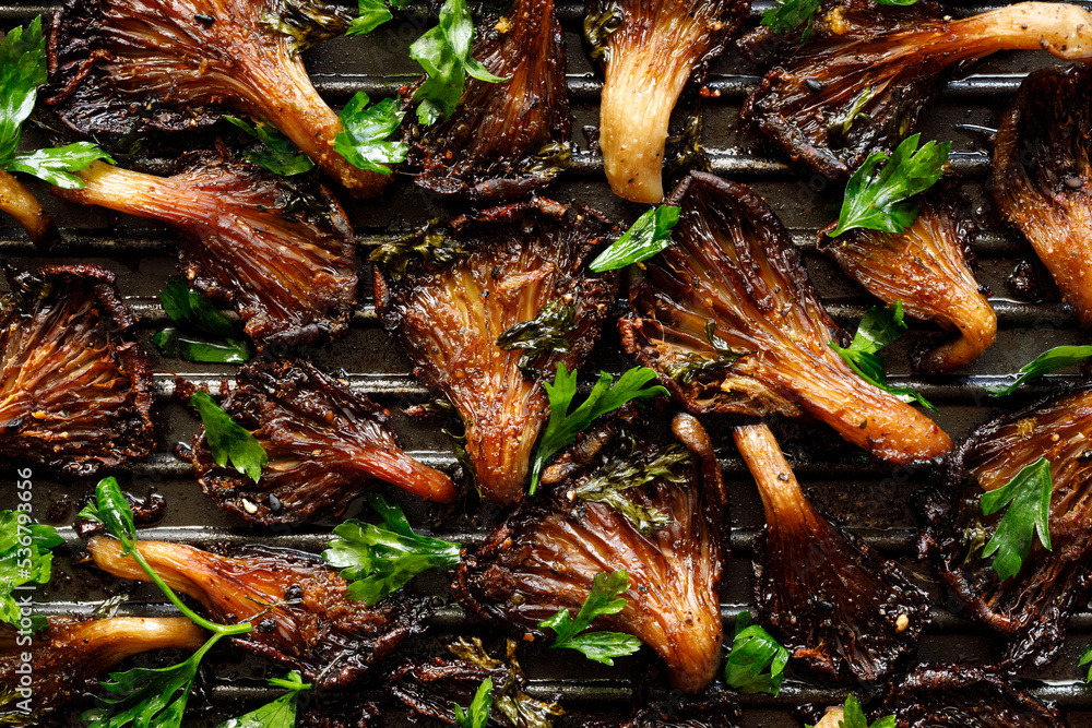 Φωτογραφία Grilled oyster mushrooms with marinade of soy sauce and spices, sprinkled with f
