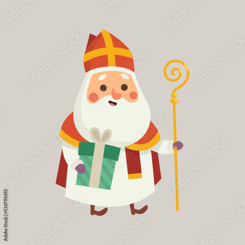 Cute Saint Nicholas Sinterklaas with gift - cartoon style vector illustration