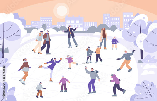 People dancing on ice rink in snow city park. Family on skates, winter holiday skating activity. Christmas time outdoor. Kicky crowd vector characters