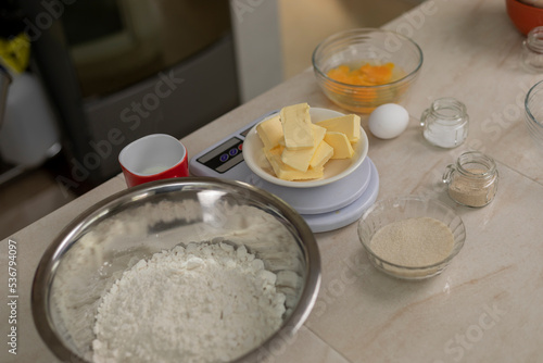 Ingredients to prepare bread on the counter of a Mexican kitchen