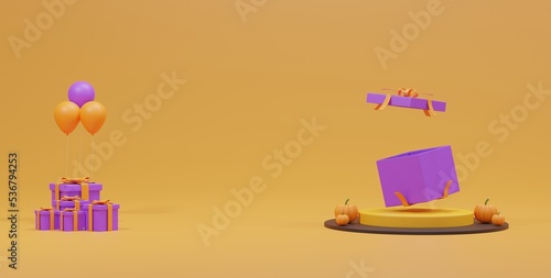 Background 3d render Halloween color with Gift box and Podium. Stage product and gift box Halloween concept. Product background abstract stage geometric shape Halloween concept.The stage for a product