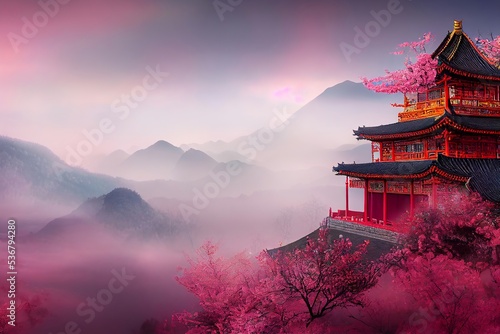 Chinese temple on a foggy mountain with sakura trees photo