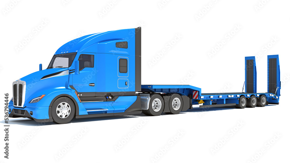 Blue Truck with Platform Trailer 3D rendering on white background Blue Truck with Platform Trailer 3D rendering on white background