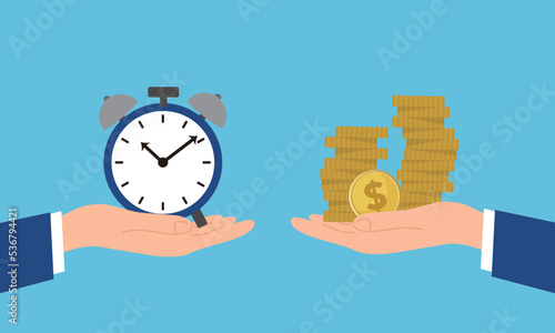 時計とお金を手に持つイラスト、時間とお金のイメージ、ベクター