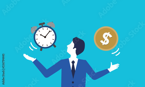 時計とお金を扱う人物のイラスト、時間とお金のイメージ、ベクター