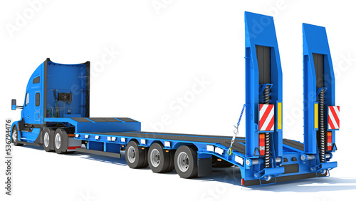 Blue Truck with Platform Trailer 3D rendering on white background photo
