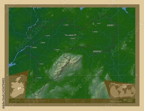 Offaly, Ireland. Physical. Labelled points of cities photo