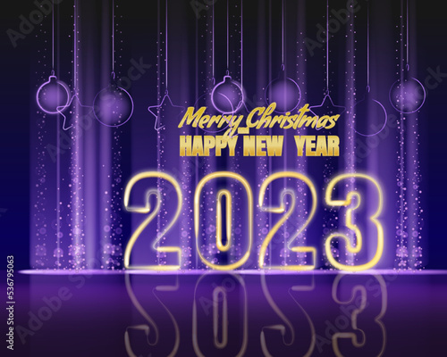 Merry Christmas and Happy New Year 2023 background, tree violet lights dust decoration, violet blurred magic glow on dark background