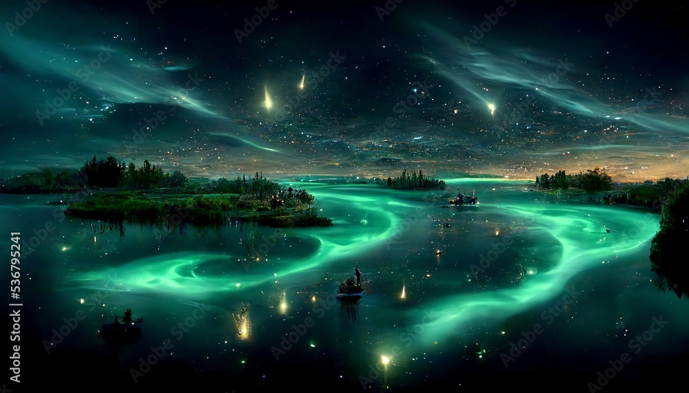 Northern Lights with a star sky and reflections on the water, water painting style