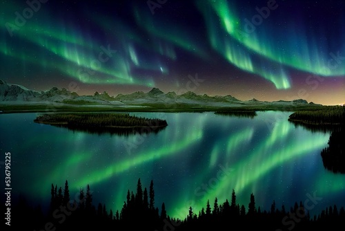 Northern Lights with a sea and a forest