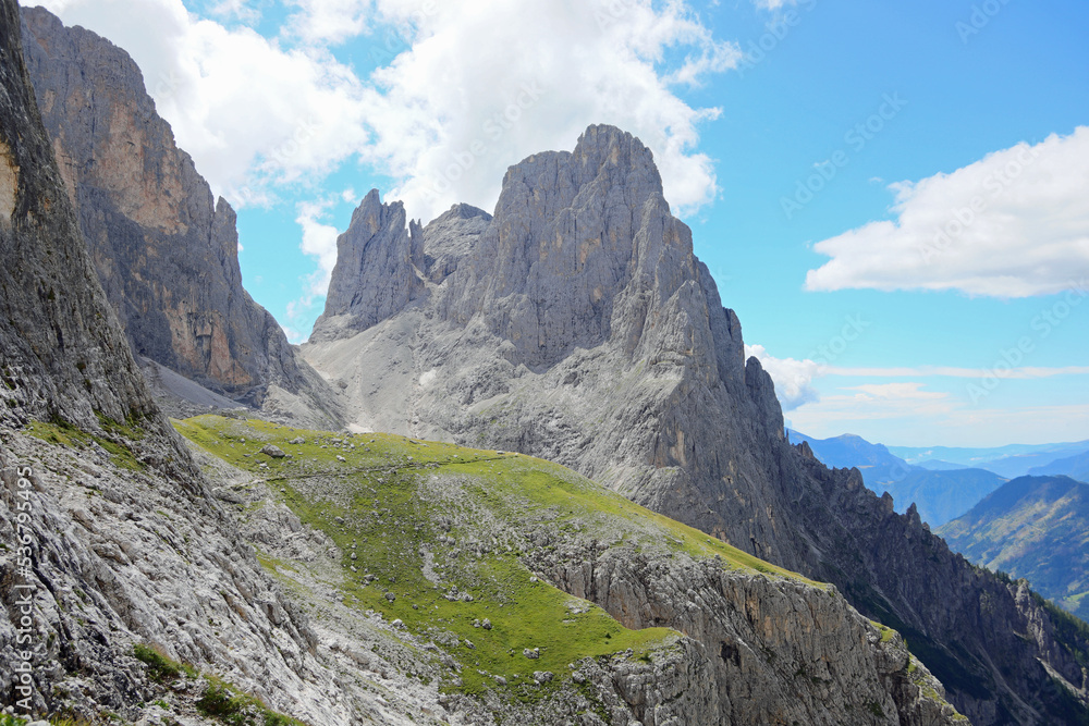 panorama of the Dolomites in Alps of the mountain range called Pale di San Martino or Pala Group in Italy