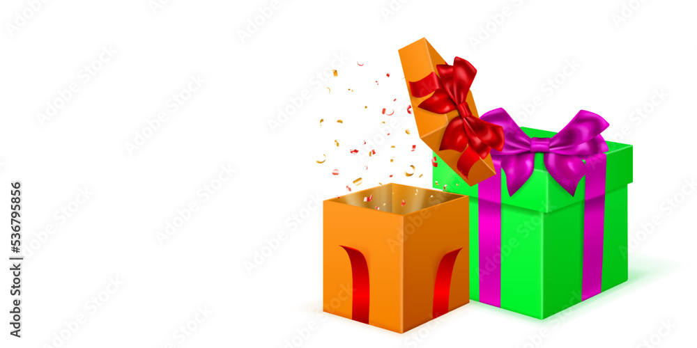 Festive illustration with colored gift boxes with ribbons and bows, and pieces of serpentine Festive illustration with colored gift boxes with ribbons and bows, and pieces of serpentine