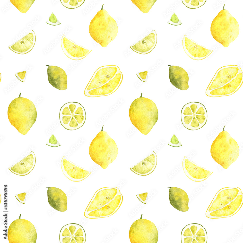 Watercolor seamless pattern with yellow lemon slice and all fruit illustrations. Watercolor hand-drawn fruit lemon background. Organic healthy food texture, for your design and decor Watercolor seamless pattern with yellow lemon slice and all fruit illustrations. Watercolor hand-drawn fruit lemon background. Organic healthy food texture, for your design and decor