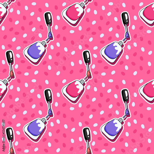 Cartoon gel nail polish, beauty industry, vector seamless pattern in the style of doodles, hand drawn