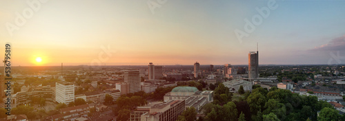 Essen city skyline in the evening aerial view, Essen, Germany
