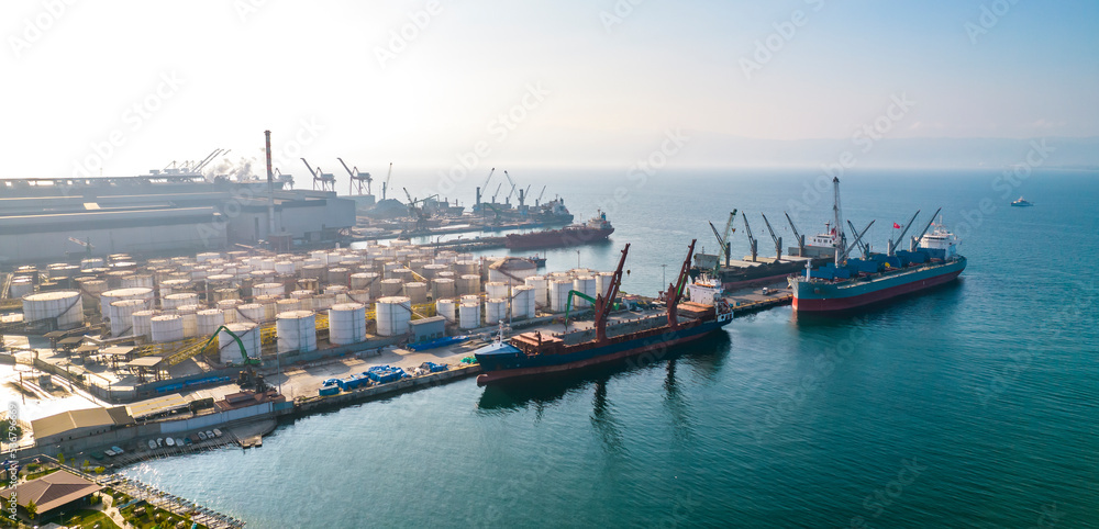 Maritime trade and business port in Gebze. Kocaeli, Turkey. Aerial view of Kocaeli City. Industrial area in Marmara Sea.