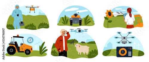Cartoon smart farm people. Agricultural work digital control. Automated management. Rural industry. Mobile gadgets. Drones and robot tractors. Innovation technology. Garish vector set