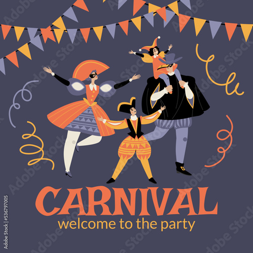 Costume party invitation card template. Happy family with two children in costumes of the Venetian carnival on the background of festive decorations.
