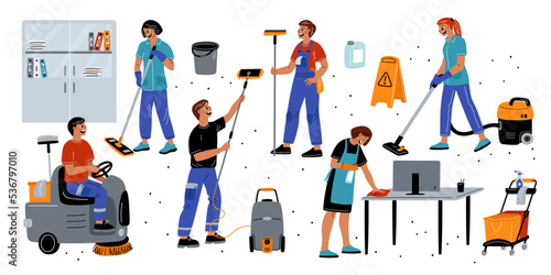 Cleaning service. Professional workers clean office. Cleaner character with equipment. People mopping or vacuuming. Housekeeping specialists. Cleanup staff in uniform. Garish vector set