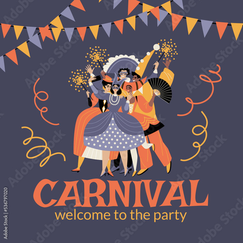 Happy friends in venice carnival costumes with sparklers take a photo. Сostume party invitation card