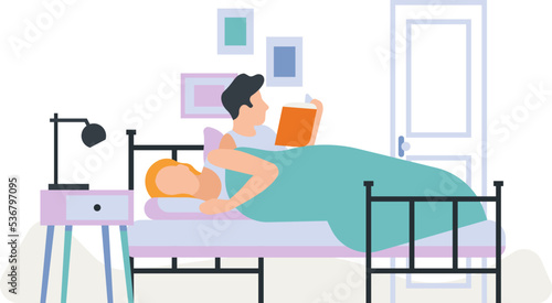 Couple daily routine. Everyday activity. Guy and girl living together. People lying on bed. Man reading book. Woman sleeping under blanket. Bedroom evening relaxation. Vector illustration