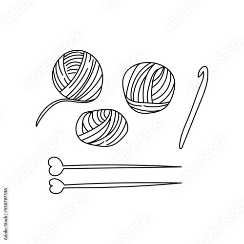 Knitting set of yarn, crochet hook and knitting needles