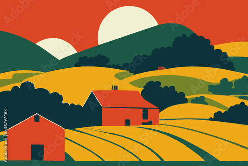 Farmland with rural houses and greenery