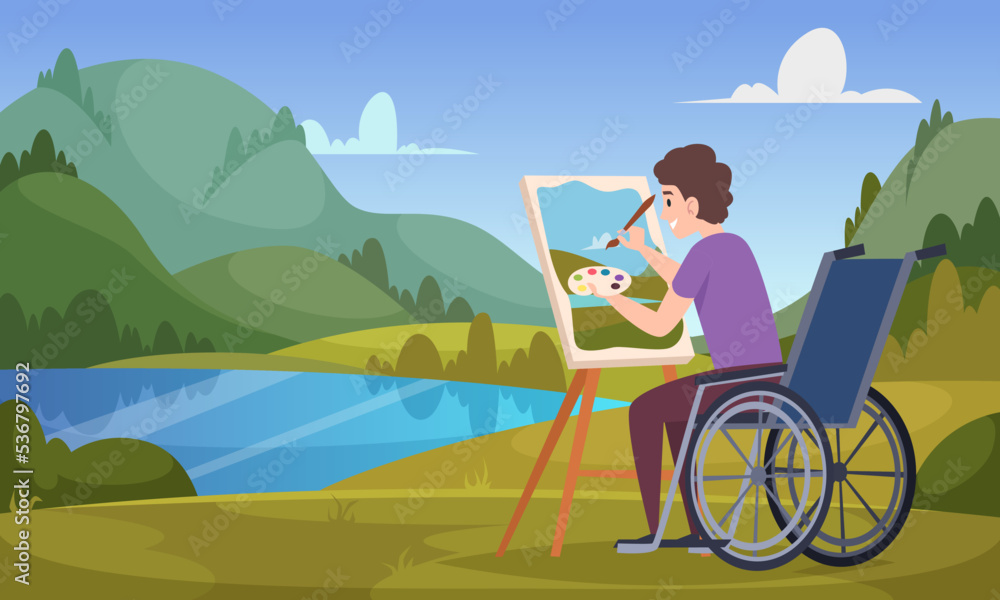 Fototapeta premium Disabled people. Multiracial diverse characters working making work exact vector cartoon background