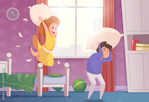Pajama party. Kids jumping and playing with pillows exact vector cartoon activity cartoon background